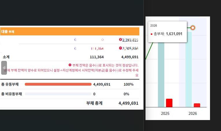 자산현황의 유동부채랑 자산차트랑 안맞는것같습니다!